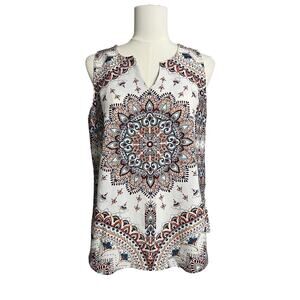 Verse Tank Top Womens Small White Boho Mandala Print V Neck Sleeveless Blouse